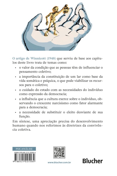 Desenho de mão azul segurando figura humana laranja com lanterna, texto em português, código QR e logotipo Blucher