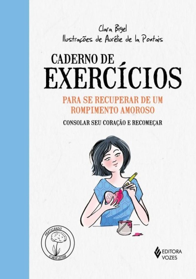 Capa de livro com ilustração de mulher pintando um coração partido em fundo branco e azul