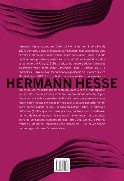 Capa traseira de livro de Hermann Hesse com texto em português e fundo castanho texturizado