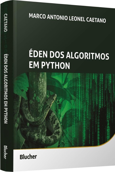 Livro ÉDEN DOS ALGORITMOS EM PYTHON com imagem de cobra e código digital.
