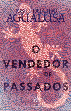 Capa do livro Vendedor de Passados com lagarto ilustrado e texto em azul sobre fundo texturizado vermelho e azul
