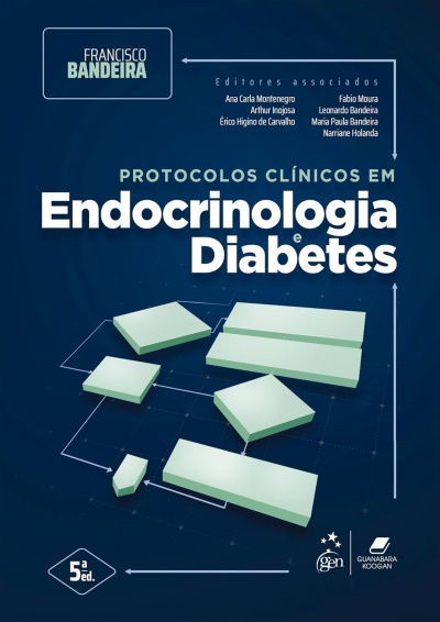 Capa do livro Protocolos Clínicos em Endocrinologia e Diabetes com elementos gráficos e texto em português.