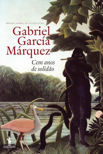 Capa do livro Cem anos de solidão de Gabriel García Márquez, com figura tocando flauta e pássaro rosa