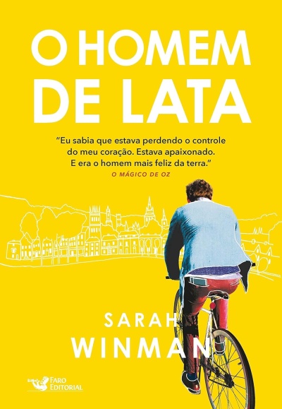 Capa do livro O HOMEM DE LATA com homem de bicicleta e fundo amarelo