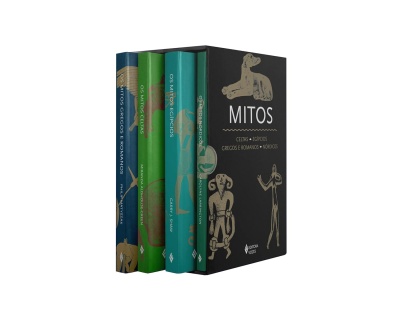 Conjunto de livros sobre mitos em caixa preta decorada.