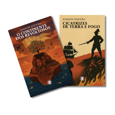 Capas de dois livros históricos com títulos em português e ilustrações simbólicas nas cores laranja, azul, amarelo e castanho.