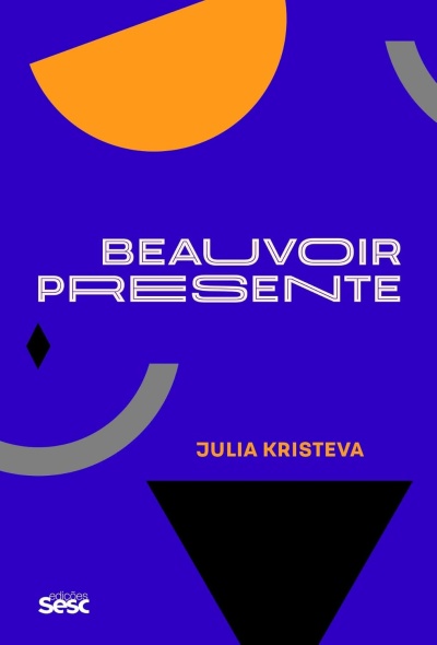 Capa de livro azul com formas geométricas e texto branco e laranja