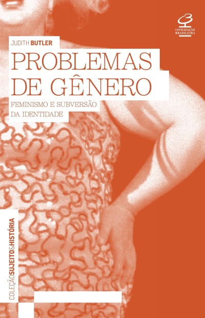 Capa de livro laranja com texto sobre problemas de gênero e imagem de uma mulher com vestido estampado.