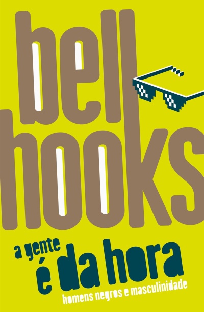 Texto amarelo e castanho com óculos pixelados e frases em azul e branco.