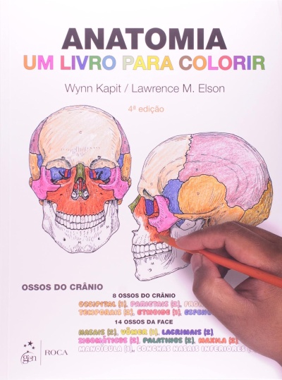Capa de livro de anatomia para colorir com ilustrações de crânios e mão a colorir