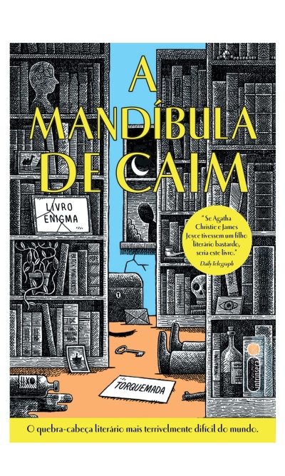 Capa do livro A Mandíbula de Caim com ilustração de estantes de livros e objetos diversos