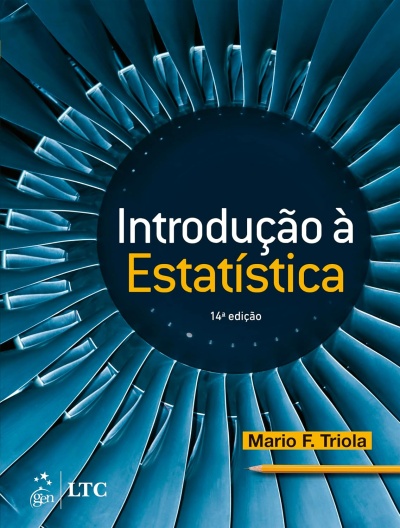 Capa de livro com texto Introdução à Estatística 14ª edição Mario F. Triola e design de pás azuladas.