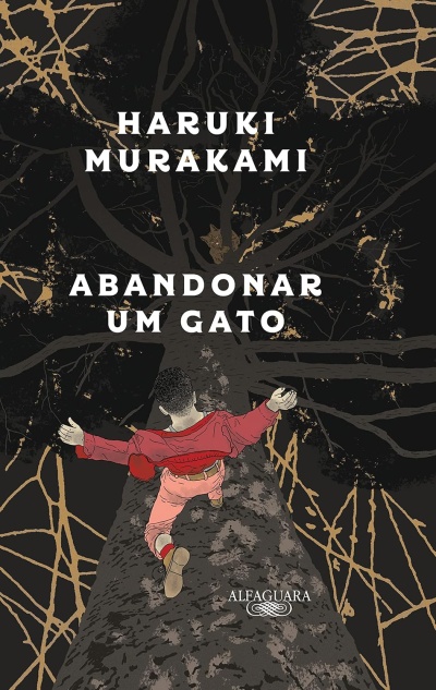 Capa de livro com desenho de pessoa correndo numa árvore grande com galhos pretos e dourados