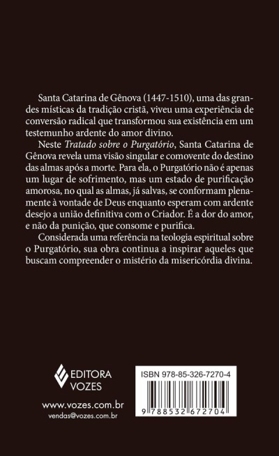 Contracapa de livro com texto sobre Santa Catarina de Gênova, fundo castanho escuro, logotipo da Editora Vozes e código de barras.