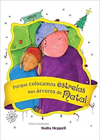 Capa de livro infantil com menina e cão em roupas de inverno e texto em laço amarelo
