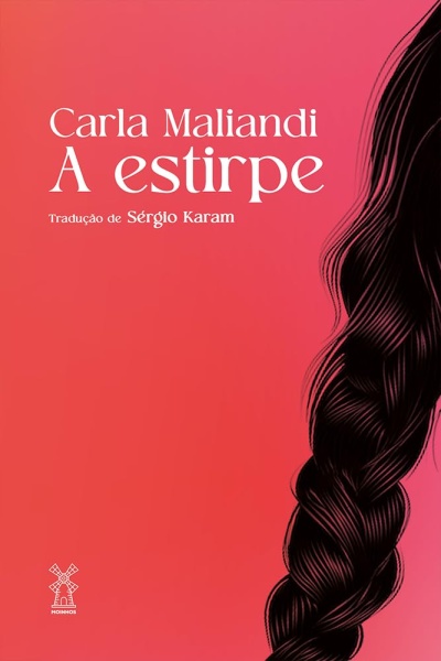 Capa de livro vermelha com título A estirpe e ilustração de trança.