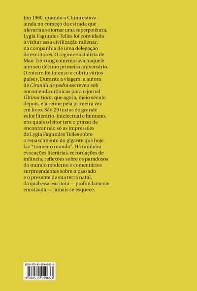 Contracapa de livro amarelo com texto descritivo e código de barras na parte inferior
