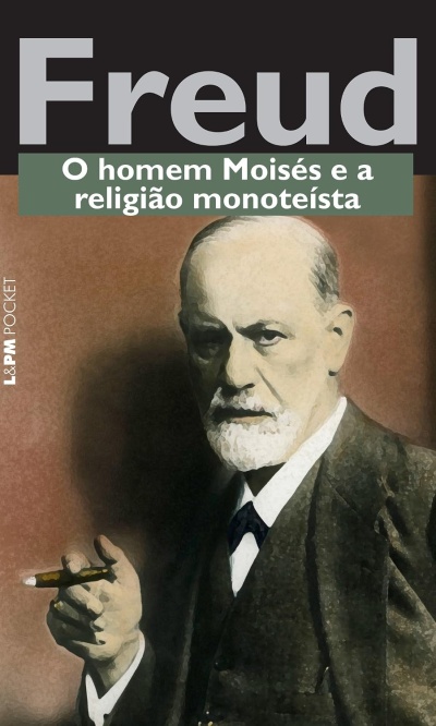 Capa de livro Freud O homem Moisés e a religião monoteísta com retrato de homem idoso com charuto