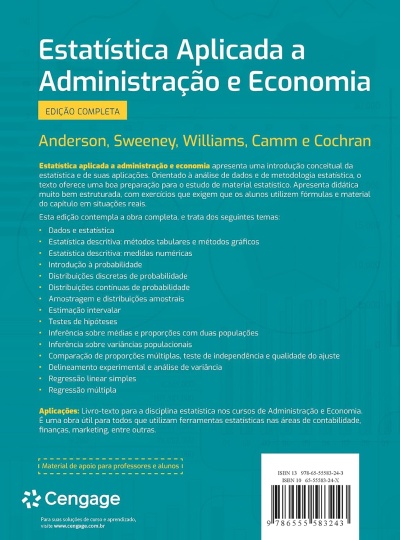 Contracapa de livro azul com texto branco e amarelo sobre estatística aplicada à administração e economia.