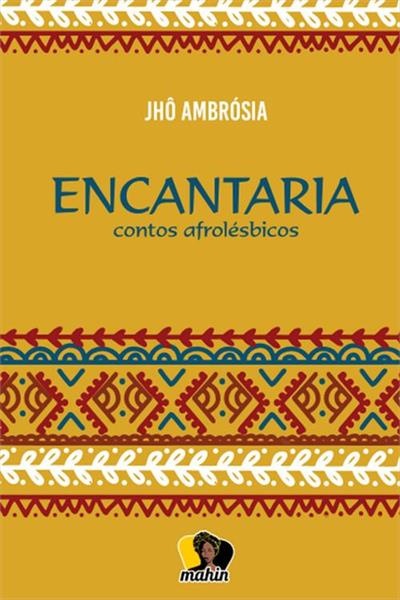 Capa de livro amarelo com texto e padrões decorativos em vermelho, azul e branco