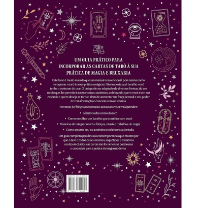 Livro com capa roxa, texto e ilustrações místicas de tarô e magia