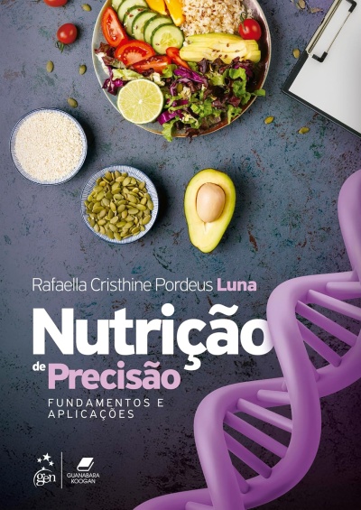 Capa de livro sobre nutrição com alimento colorido e hélice de ADN roxa