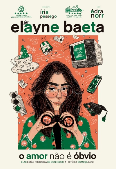 Mulher com binóculos, elementos ilustrados e texto promocional em português.