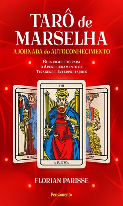 Capa do livro Tarô de Marselha com cartas de tarô e texto em vermelho e amarelo