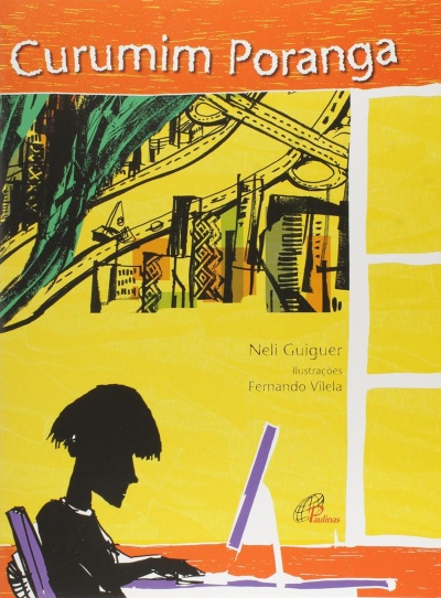 Capa de livro Curumim Poranga com ilustração de pessoa no computador e cidade ao fundo