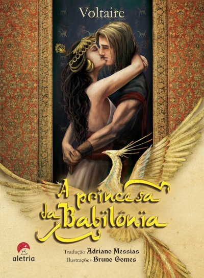 Capa do livro A princesa da Babilônia de Voltaire com ilustração de casal a abraçar-se e fundo decorativo