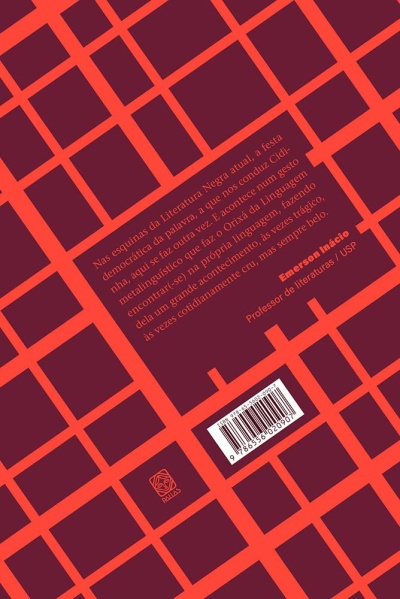 Parte traseira de um livro com texto, padrão de grelha vermelho e bordô, código de barras e logótipo.