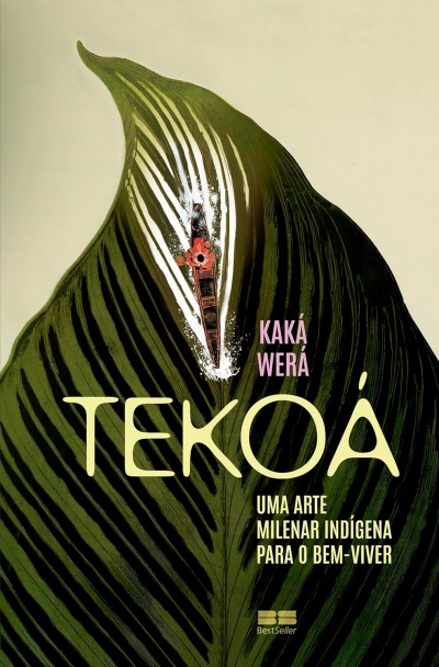 Capa de livro com folha verde, canoa e texto sobre arte indígena