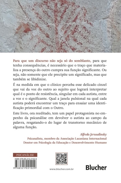 Contracapa de livro em português com texto sobre psicanálise e psicologia, selo Blucher, código de barras ISBN e QR code, fundo cinza texturizado.