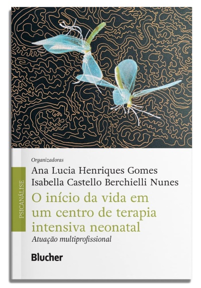 Capa do livro com desenho de insetos azuis sobre fundo preto com linhas douradas e texto em português em fundo branco