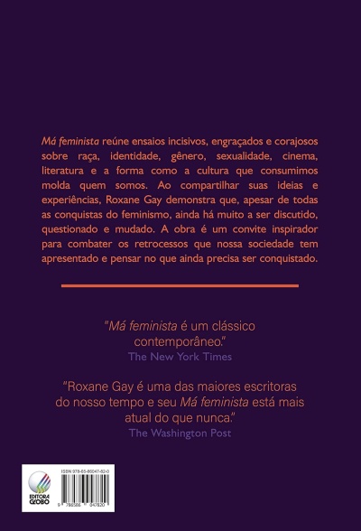 Capa traseira do livro Má feminista com texto em laranja e branco sobre fundo roxo