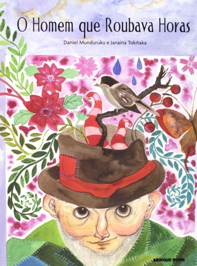 Ilustração de capa de livro com homem de chapéu e elementos naturais coloridos.