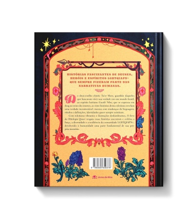Capa traseira de livro com texto em português e decoração floral colorida