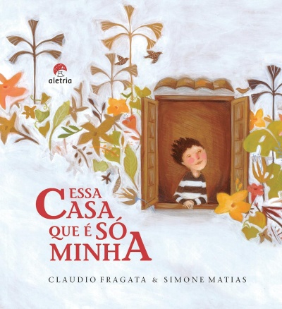 Capa de livro infantil com ilustração de menino na janela e flores coloridas