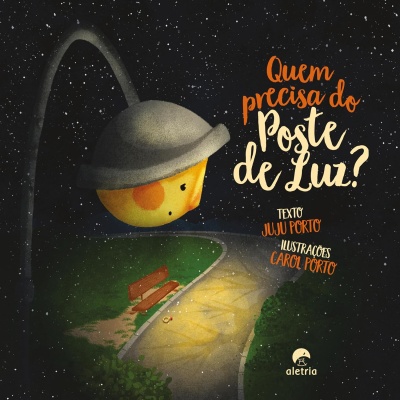 Capa de livro infantil com ilustração de um poste de luz com cabeça amarela e título em letras laranjas e creme num fundo estrelado
