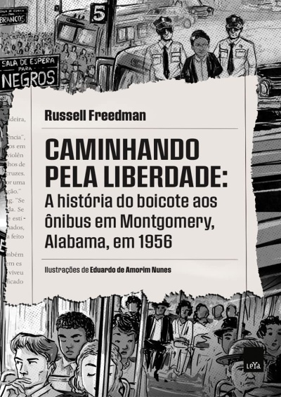 Capa de livro com título e ilustrações em preto e branco sobre boicote aos ônibus em Montgomery.
