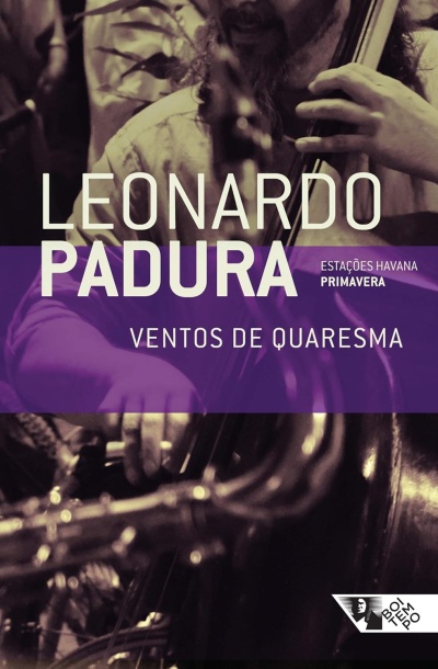 Capa de álbum musical com texto e músico a tocar contra-baixo em tons sépia e roxo