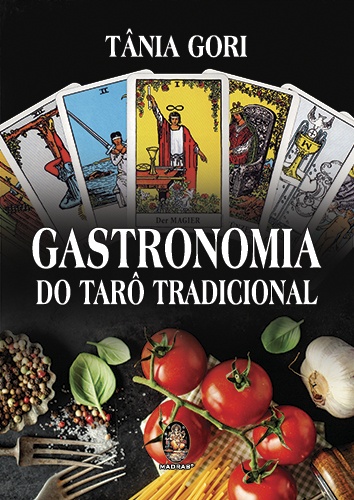 Capa de livro com cartas de tarô tradicionais e ingredientes culinários frescos