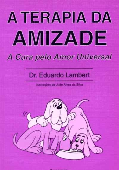 Capa de livro cor-de-rosa com título, autor, e ilustração de três cães a comer numa taça