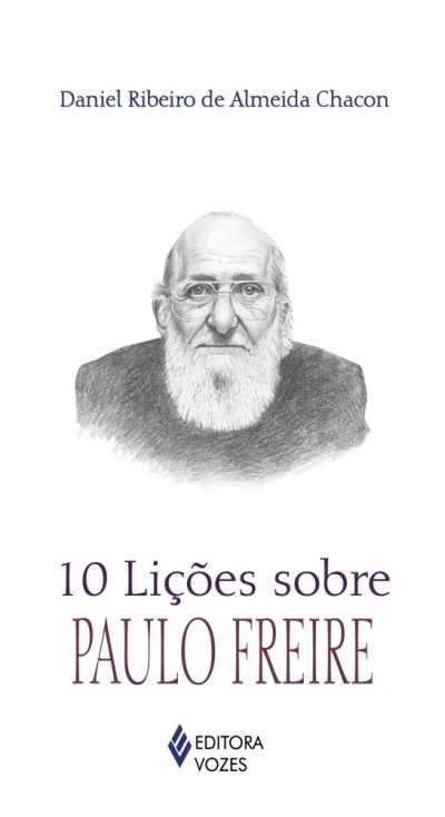 Capa de livro com desenho a lápis de homem idoso e texto sobre Paulo Freire