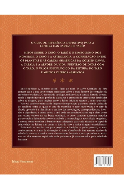 Contracapa de livro sobre leitura de cartas de Tarô com texto em português e fundo castanho-alaranjado