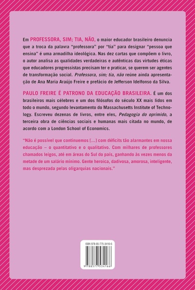 Contracapa de livro cor-de-rosa com texto sobre Paulo Freire e educação, código de barras e ISBN