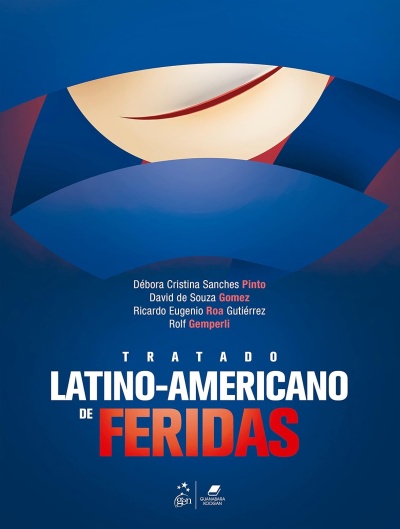 Capa de livro Tratado Latino-Americano de Feridas com fundo azul e texto em branco e vermelho