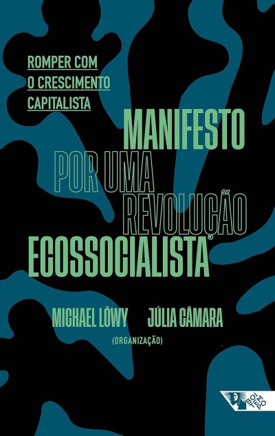 Capa de livro Manifesto por uma revolução ecossocialista com texto em verde e fundo preto com formas azuis