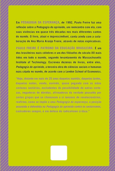 Contracapa de livro com texto em português sobre pedagogia e Paulo Freire em fundo amarelo com bordas roxas e amarelas