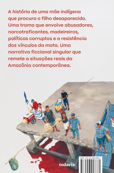Contracapa de livro com texto descritivo e ilustração de pessoas num passadiço sobre água vermelha.